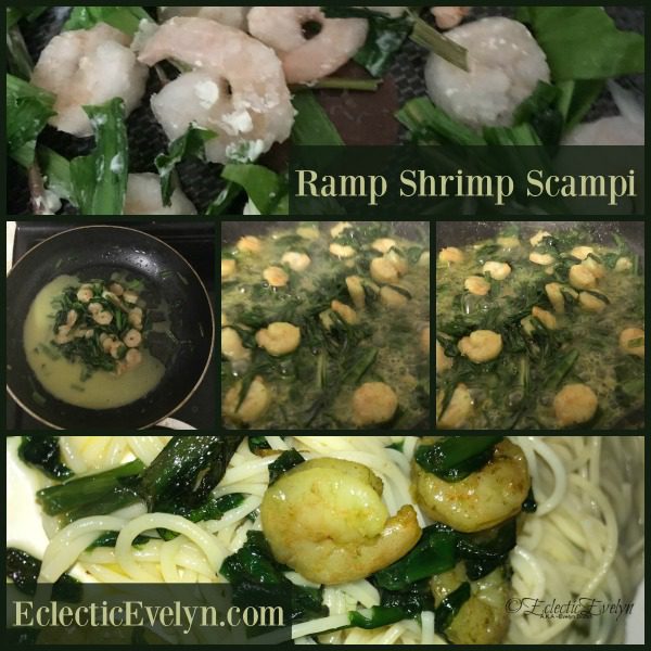 collage images of Evelyn Dortch's famous ramp shrimp scampi