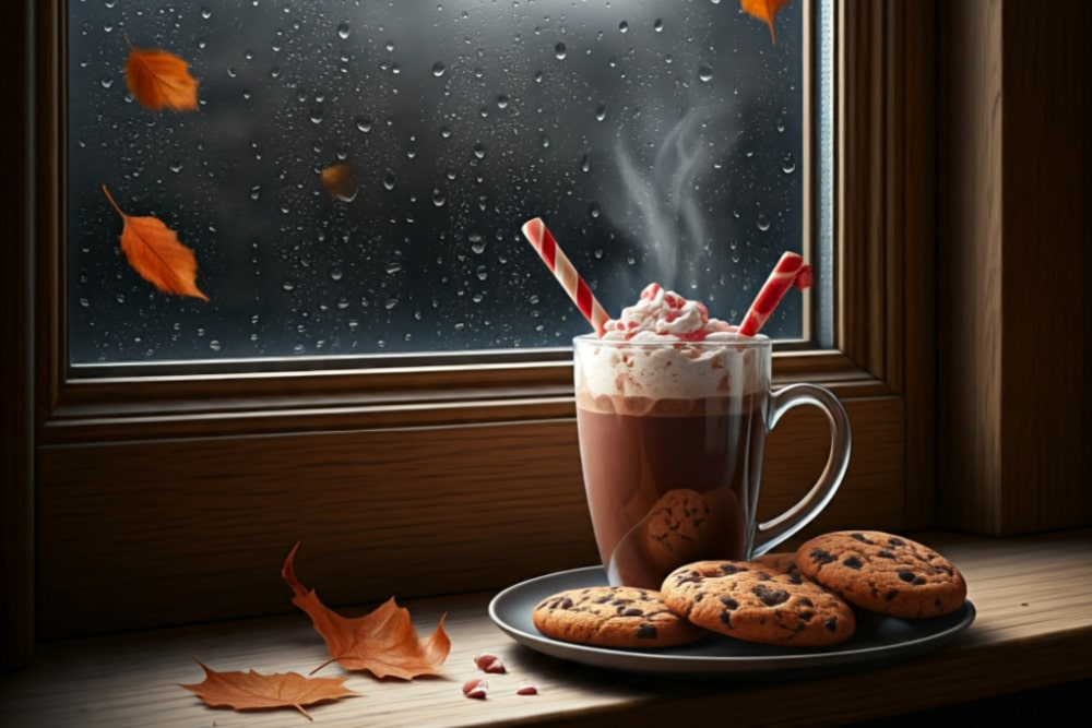 homemade hot cocoa with cookies sitting in a rainy autumn day window
