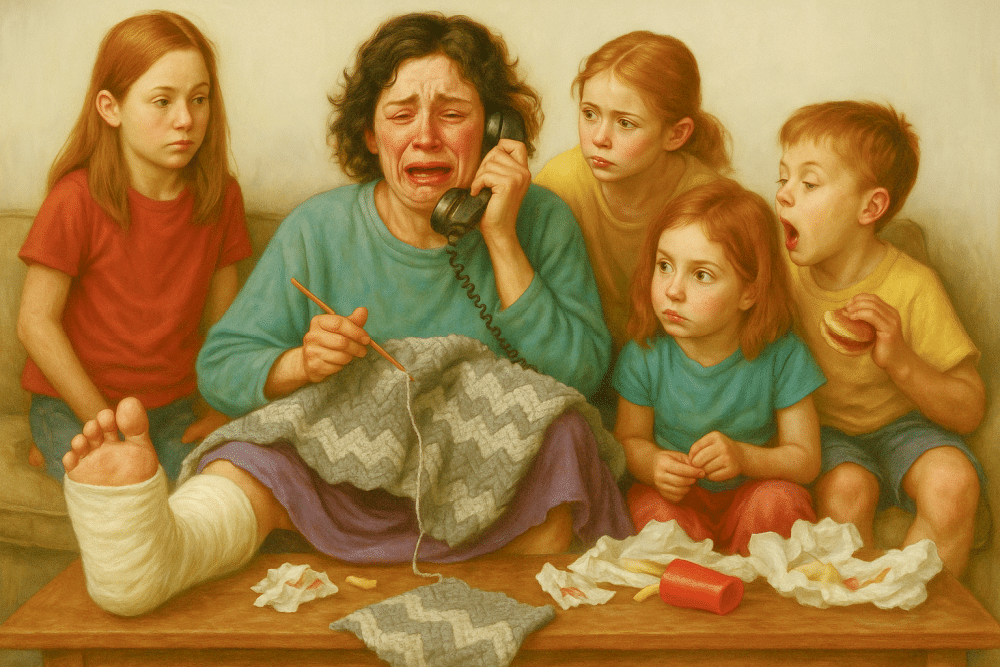 ai imagined Norman Rockwell inspired injured friend with 4 children in a cast having a meltdown over yarn