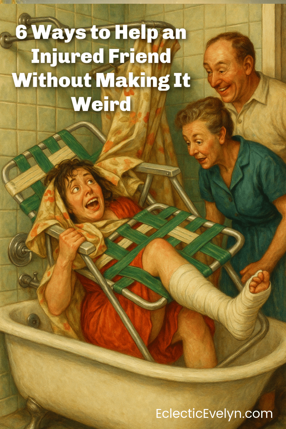 ai imagined Normal Rockwell style cartoon of Eclectic Evelyn as the injured friend in a cast tangled in a lawn chair in a shower while her friend and her friend's husband watch laughing