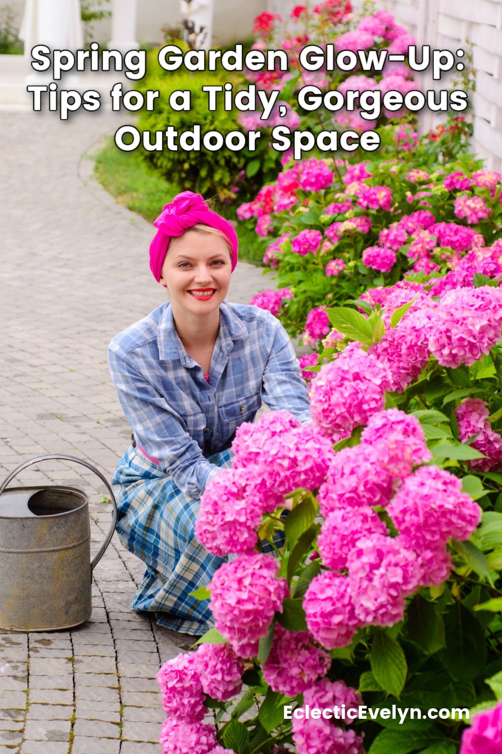 generation x woman in her garden wearing a pink hat