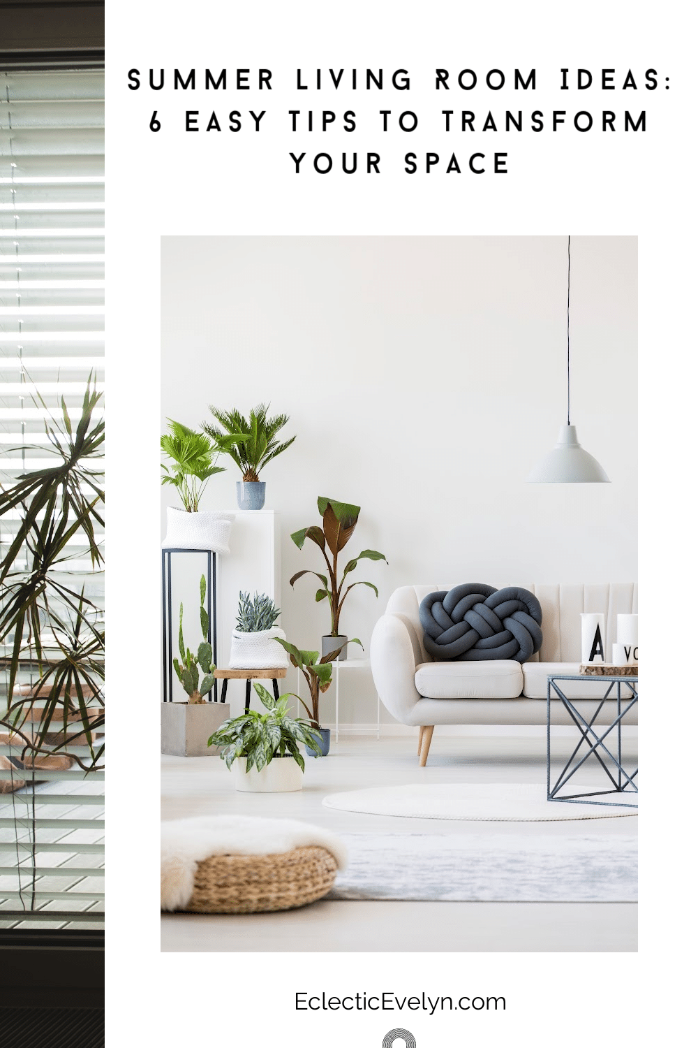 A bright airy summer living room with a couch and plants.