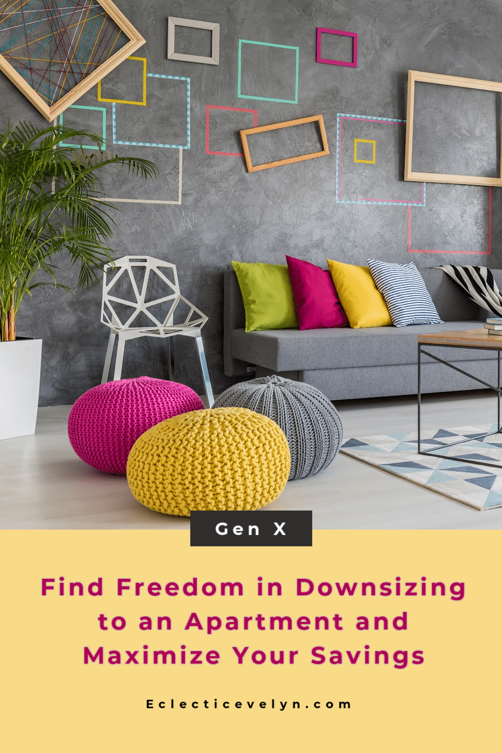 eclectic decor of a gen x downsizing to an apartment gray with pops of pink green and yellow frames on the wall