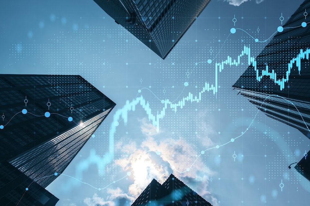 commercial property buildings with a chart imposed on them