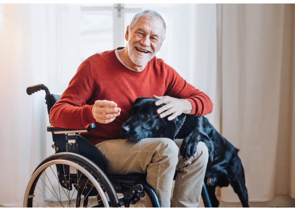 man in a wheelchair with a happy dog