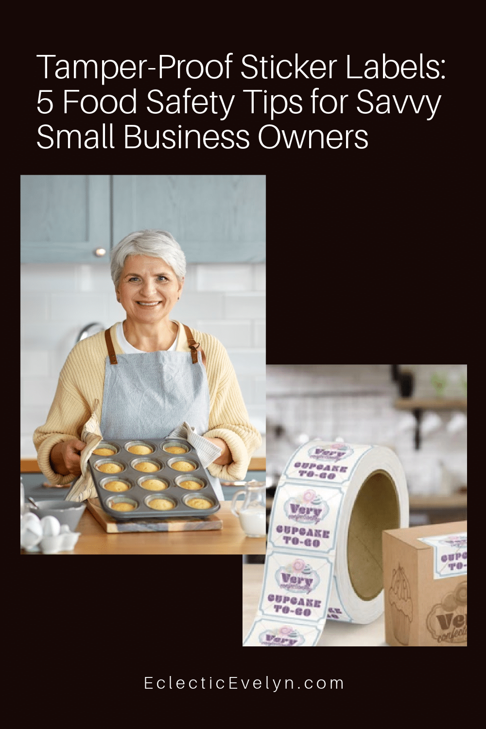 woman over 50 baking cupcakes tamper-proof sticker labels to use for her cupcake packages and the words that are the title of this article.