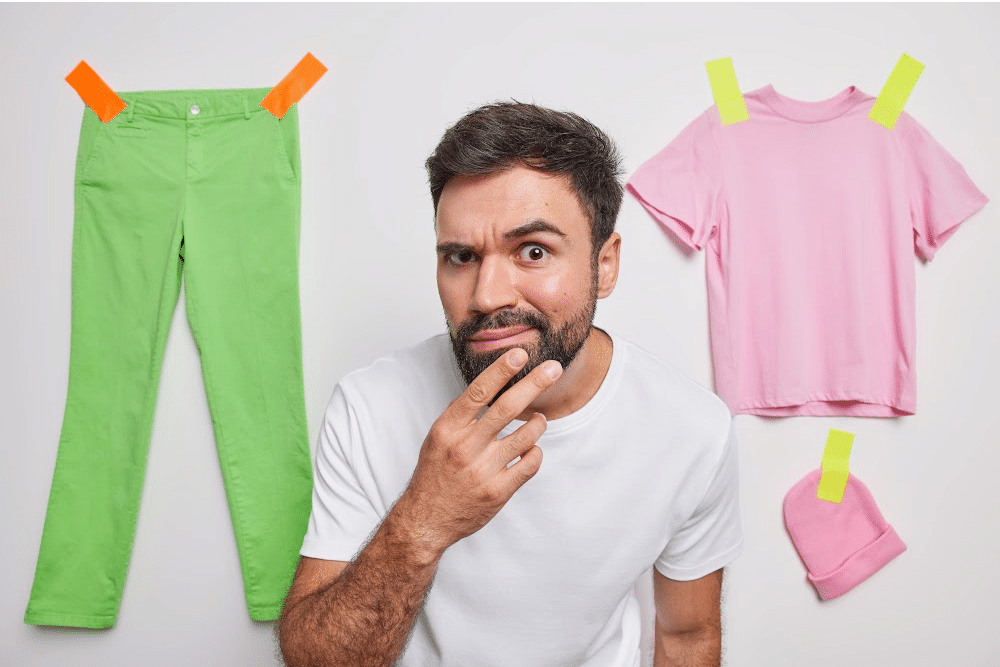 man thinking about his capsule wardrobe of green pants pink shirt pink hat