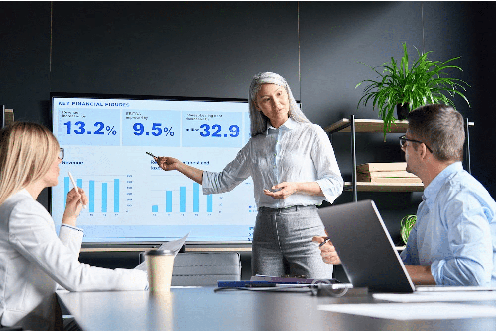 woman over 40 discussing investment options with a man and woman in front of a board with charts.