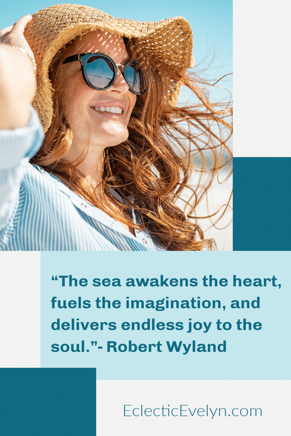 sea quote redheaded woman over 40 with a hat and sunglasses looking at the ocean
