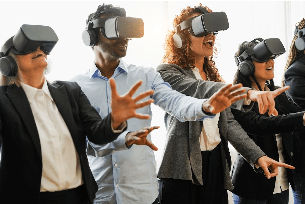 virtual business events with participants wearing vr headsets to participate woman over 50
