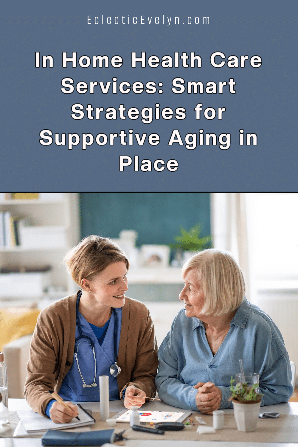 in home health services nurse and a woman over 50 sitting at a table going over the woman's health care plan