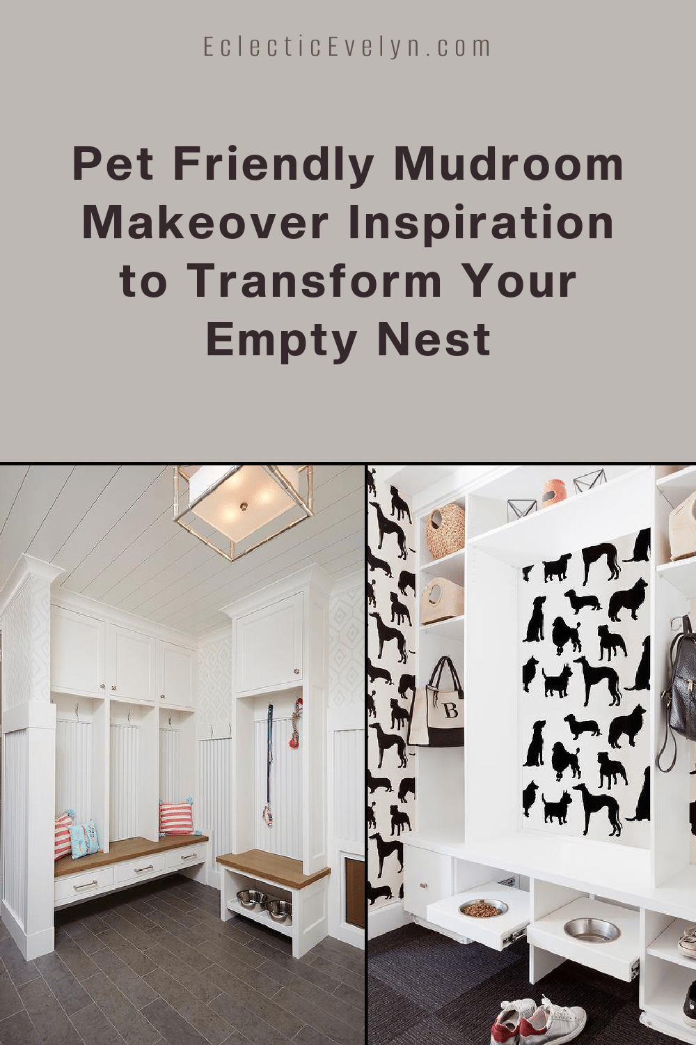 two images of a pet friendly mudroom makeover one with dog wall paper and one with built in benches.