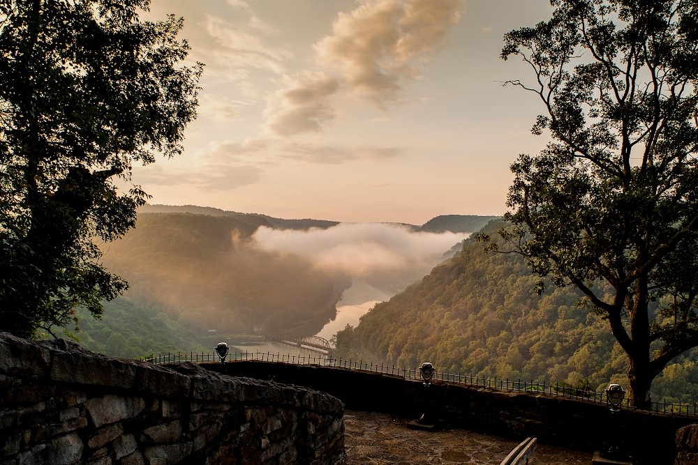 mist rising from the river as seen from the Hawks NEst State Park overlook in West Virginia the heart of appalachia