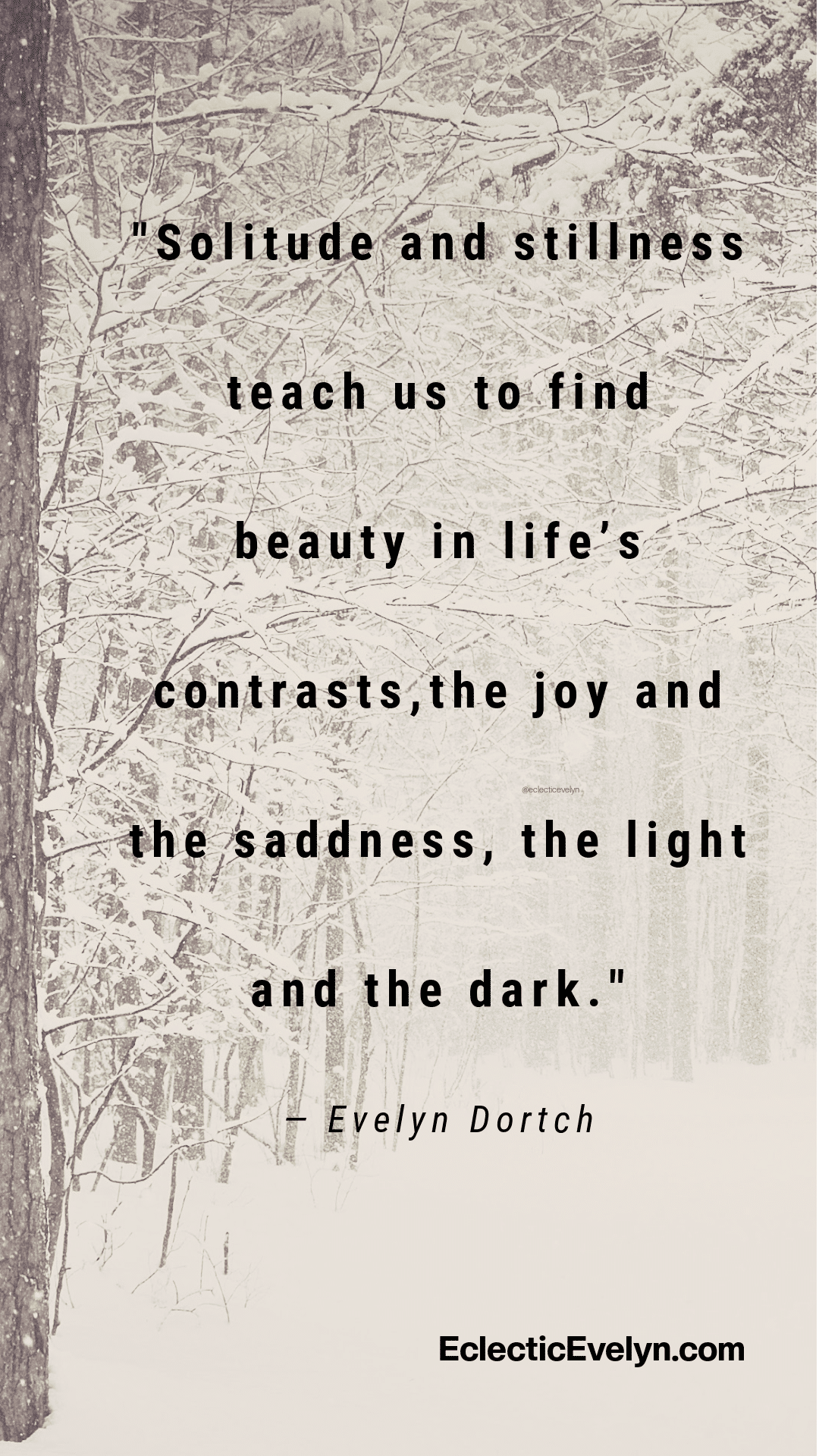 quote on wintering from Evelyn Dortch a background of a snow forest
