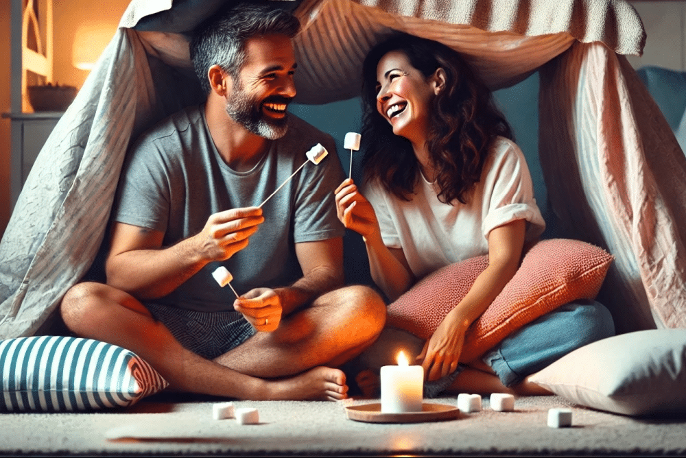 AI generated image of a generation x couple in a pillow fort roasting marshmallows over a candle to make smores on a cheap date at home