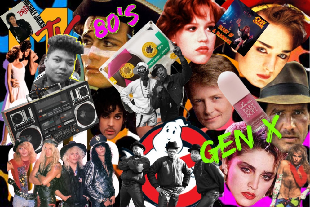 1980's gen x icons created by Evelyn Dortch mtv, prince, run dmc, queen latifah, poison, boombox, casette tape, adam ant, molly ringwald, madonna, love's baby soft, boy george and more