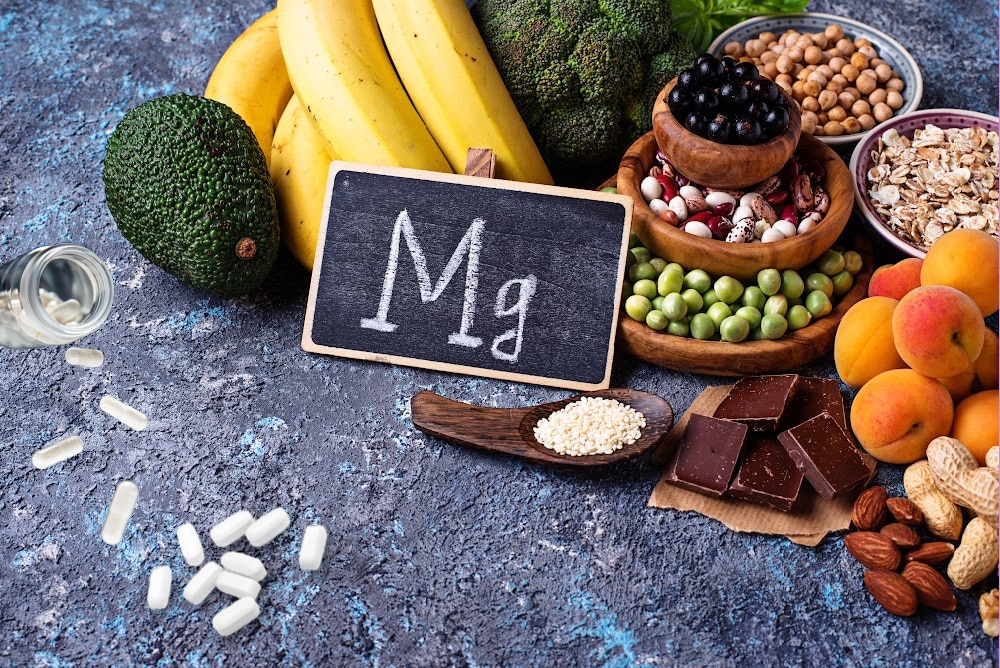magnesium supplements and food on a table