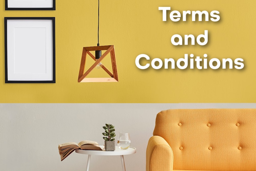 yellow sofa with a table and lamp the words terms and conditions