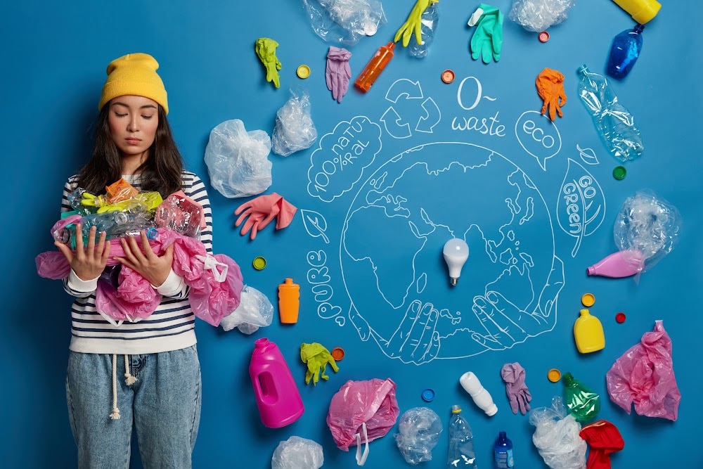 a woman holding post consumer waste and wanting to go from greenwashing to zero waste